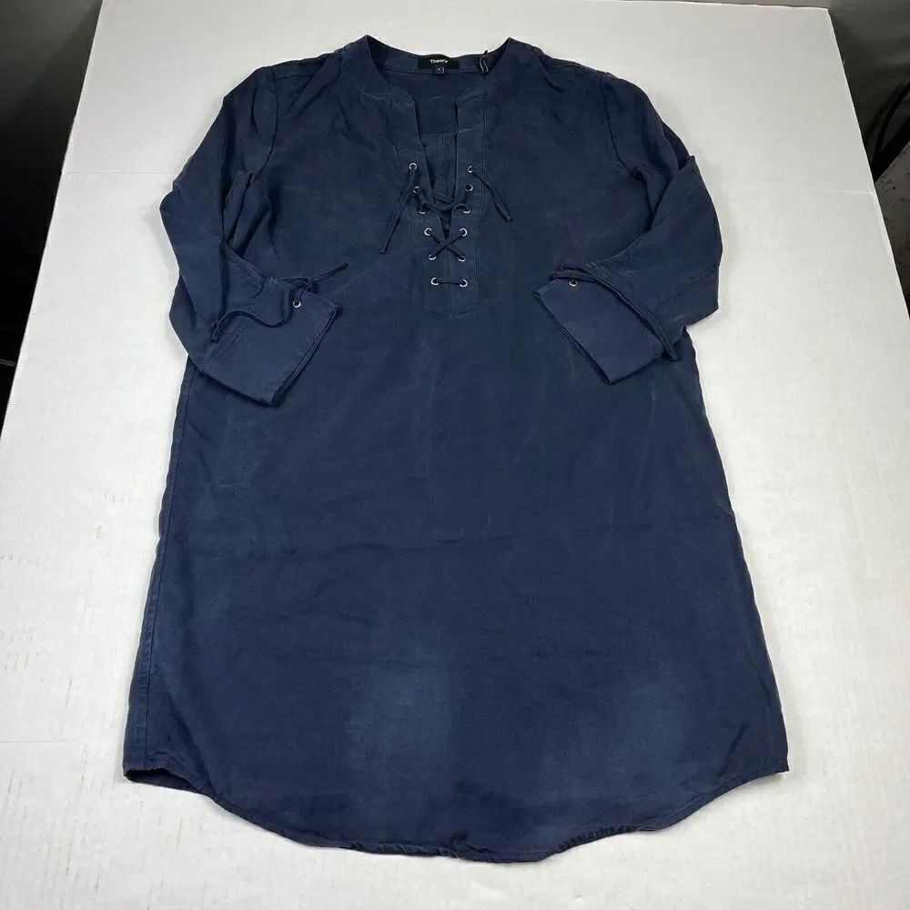 Theory Womens Jullitah Lace Up Tunic Shirt Dress FADED Blue Long Sleeve Size 8